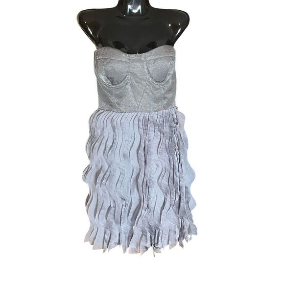 MM Couture By Miss Me Silver Strapless Feathered Front Cocktail Dress SZ L - Picture 1 of 5